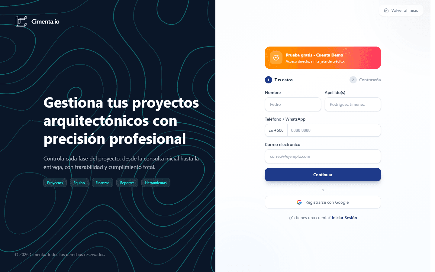 Pantalla de registro de cuenta de Cimenta